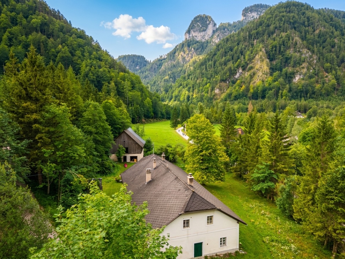 Haus im grünen Tal bei Wildalpen, umgeben von Wald und Bergen